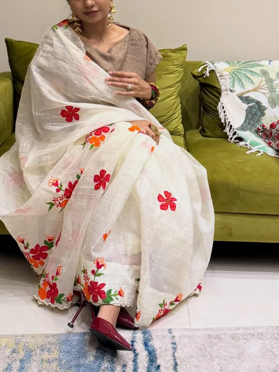 Ivory floral Chanderi saree